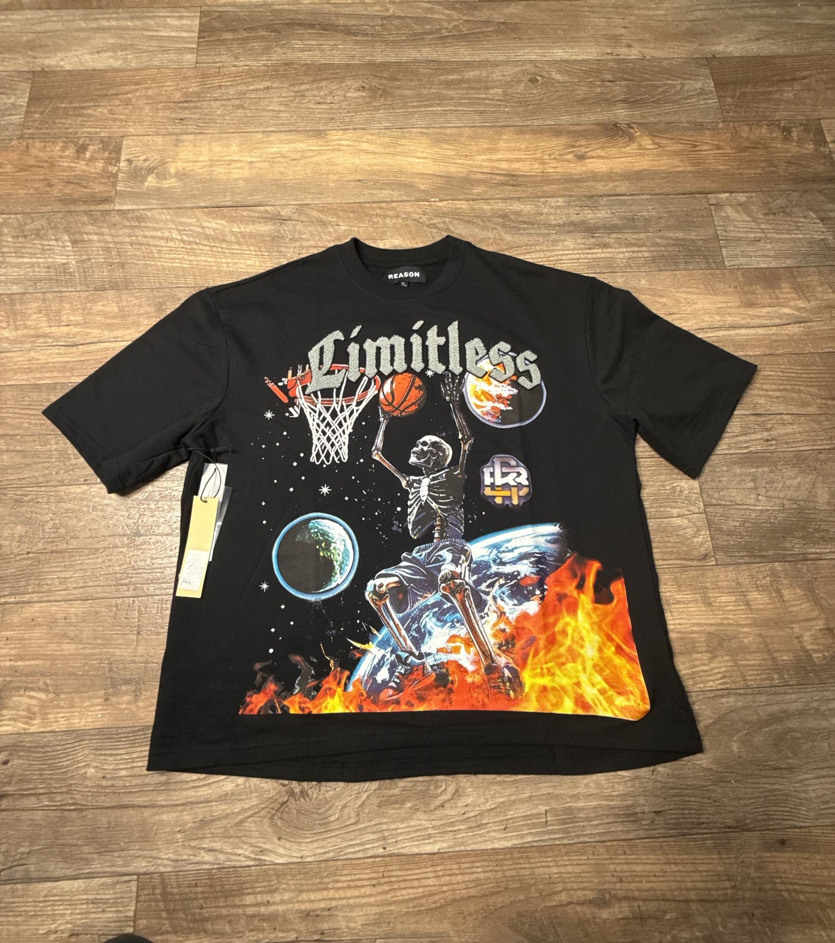 Reason Clothing Limitless Chenille Patch Skeleton Basketball Graphic T Black XL 2