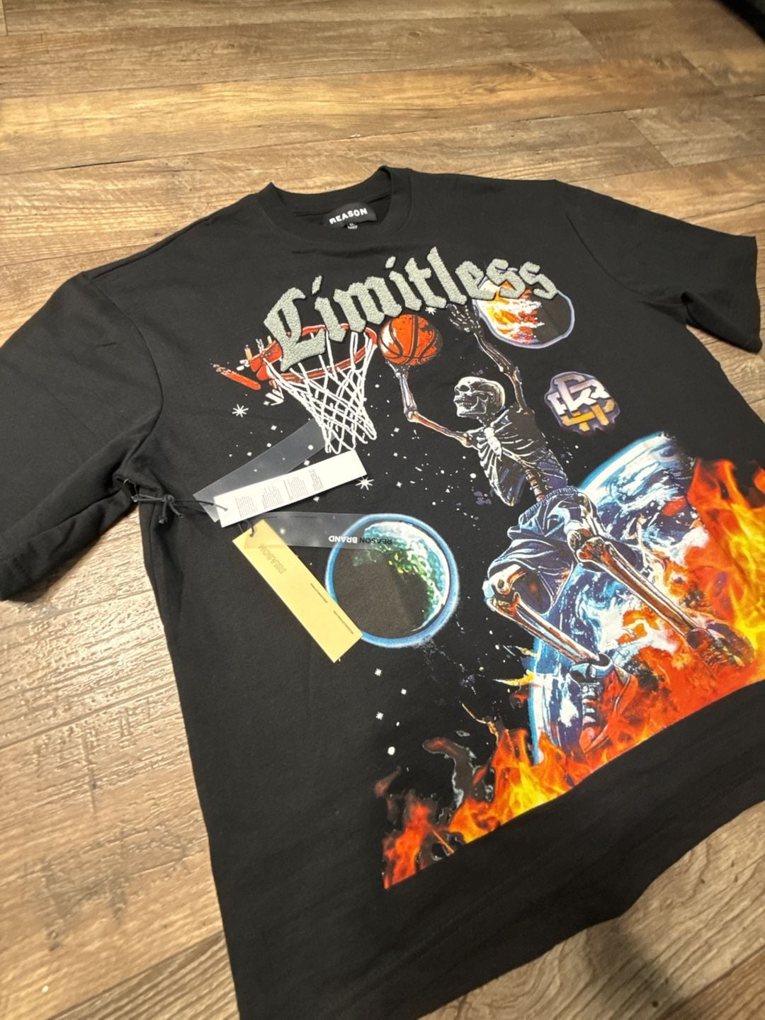 Reason Clothing Limitless Chenille Patch Skeleton Basketball Graphic T Black XL 5