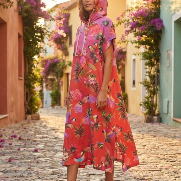 FARM for Anthropologie Tropical Parrots Hoodie Dress Size M