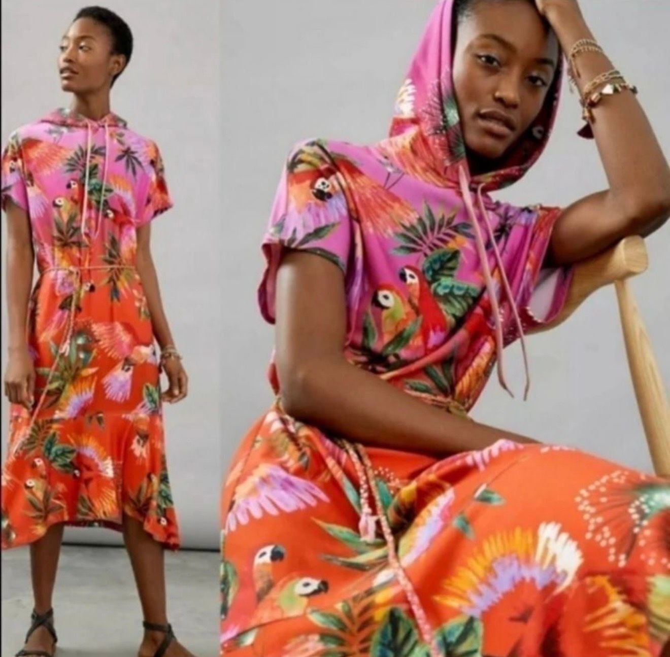 FARM for Anthropologie Tropical Parrots Hoodie Dress Size M 9