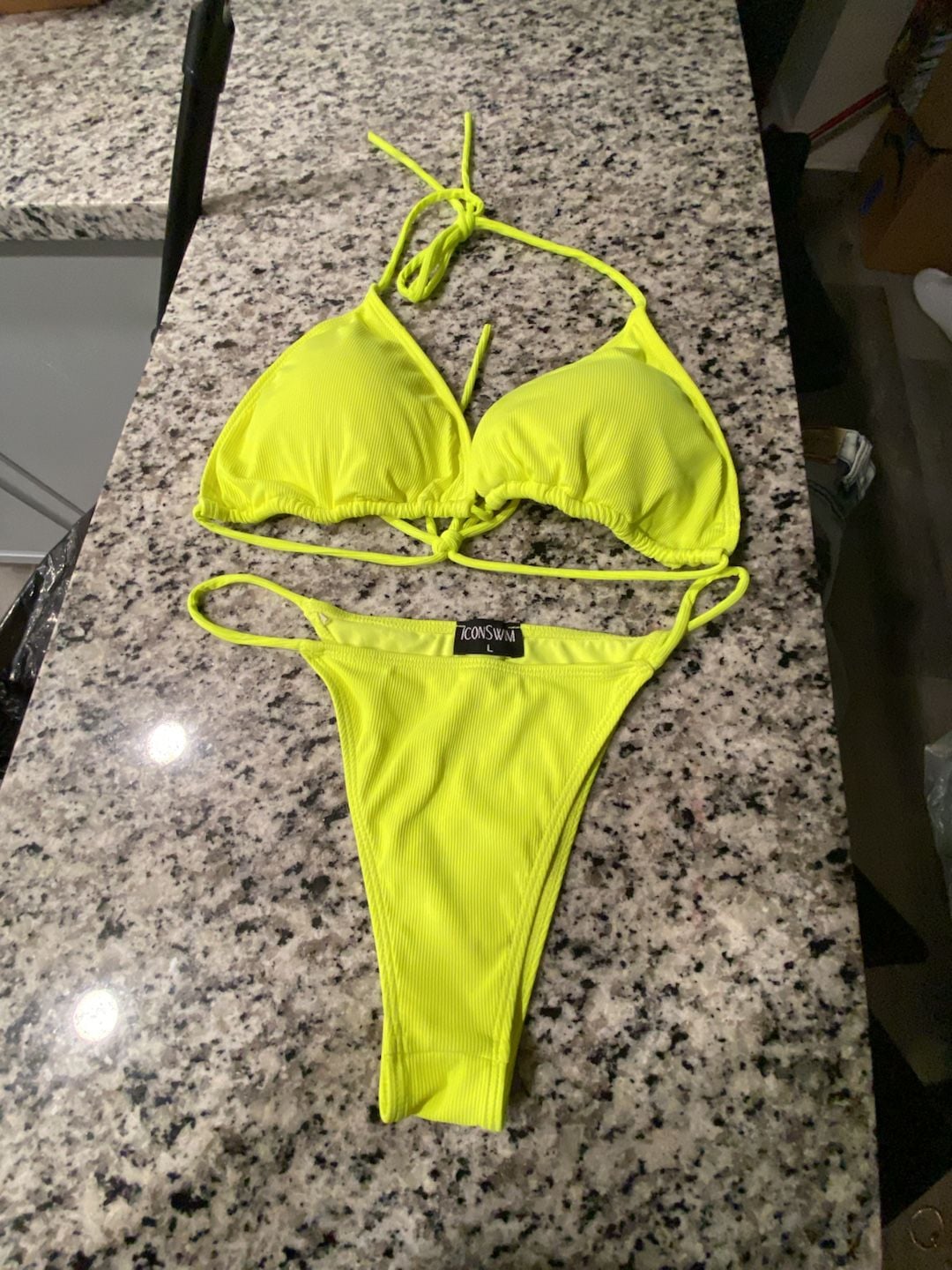 ICONSWIM Neon Yellow Ribbed Halter Triangle Bikini Set Size L 1