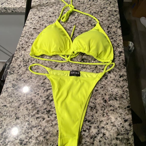 ICONSWIM Neon Yellow Ribbed Halter Triangle Bikini Set Size L