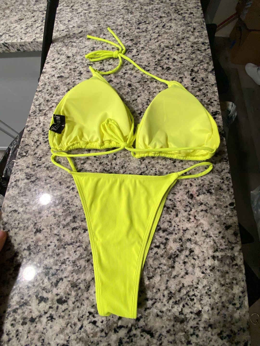 ICONSWIM Neon Yellow Ribbed Halter Triangle Bikini Set Size L 2