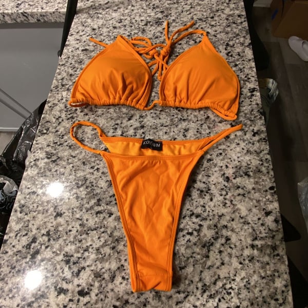 Icon Swim Orange Ribbed Halter Triangle Bikini Set Size Large