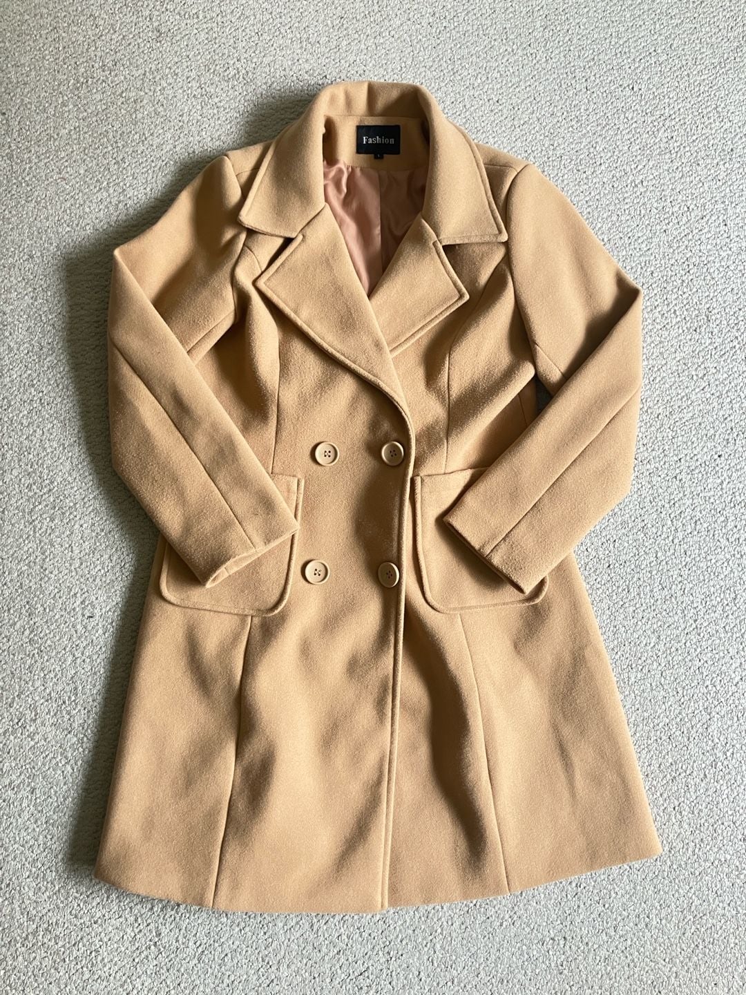 Women's Camel Double Breasted Trench Coat, Pockets, Notched Lapel, Size L 2