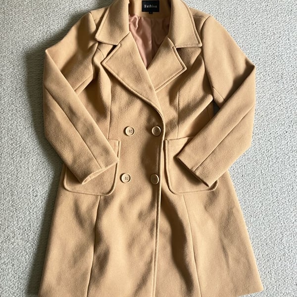 Women's Camel Double Breasted Trench Coat, Pockets, Notched Lapel, Size L