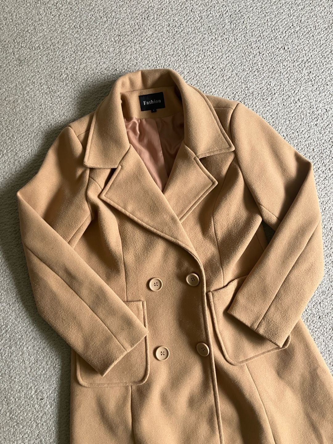 Women's Camel Double Breasted Trench Coat, Pockets, Notched Lapel, Size L 3
