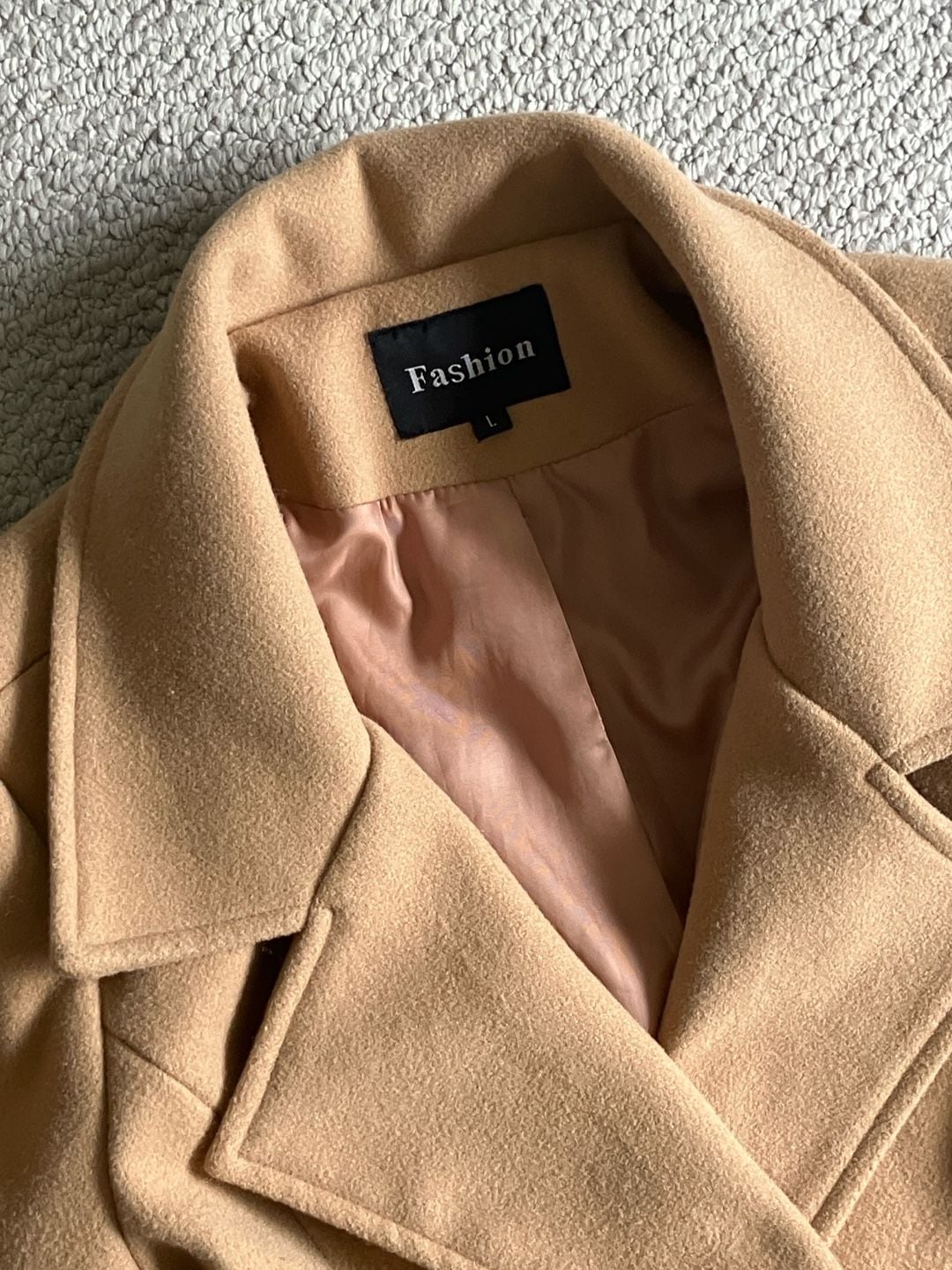 Women's Camel Double Breasted Trench Coat, Pockets, Notched Lapel, Size L 4