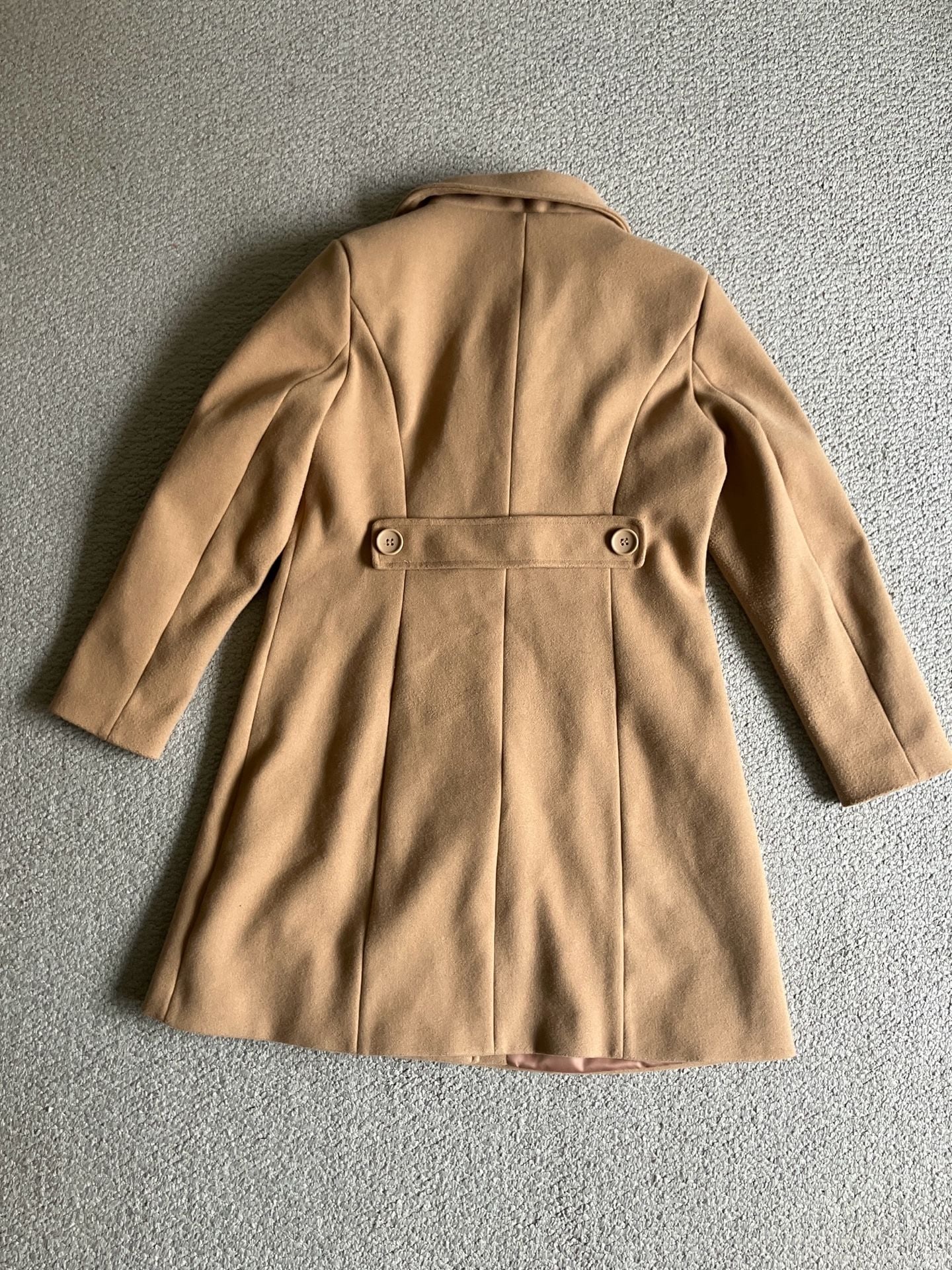 Women's Camel Double Breasted Trench Coat, Pockets, Notched Lapel, Size L 6