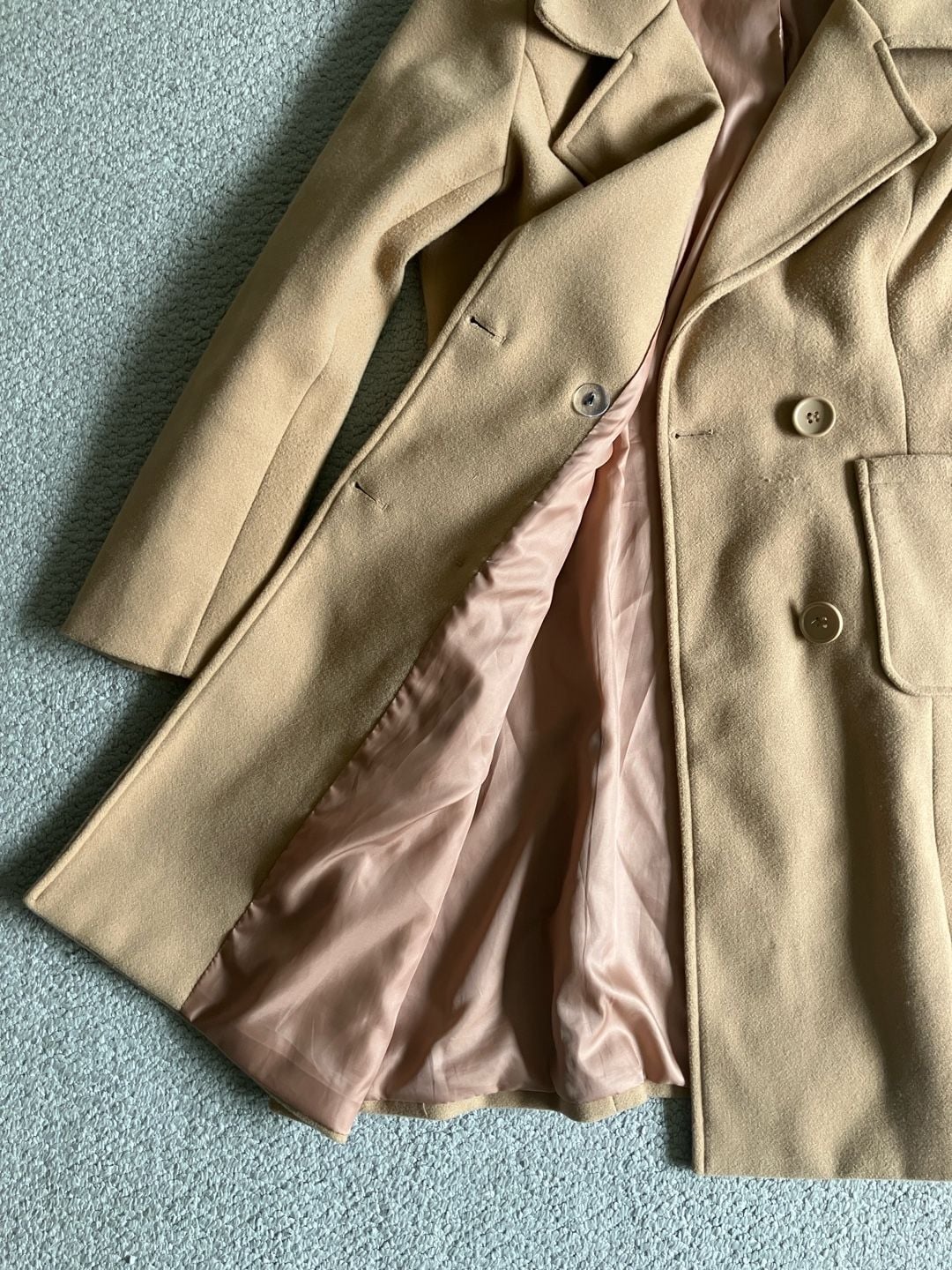 Women's Camel Double Breasted Trench Coat, Pockets, Notched Lapel, Size L 8