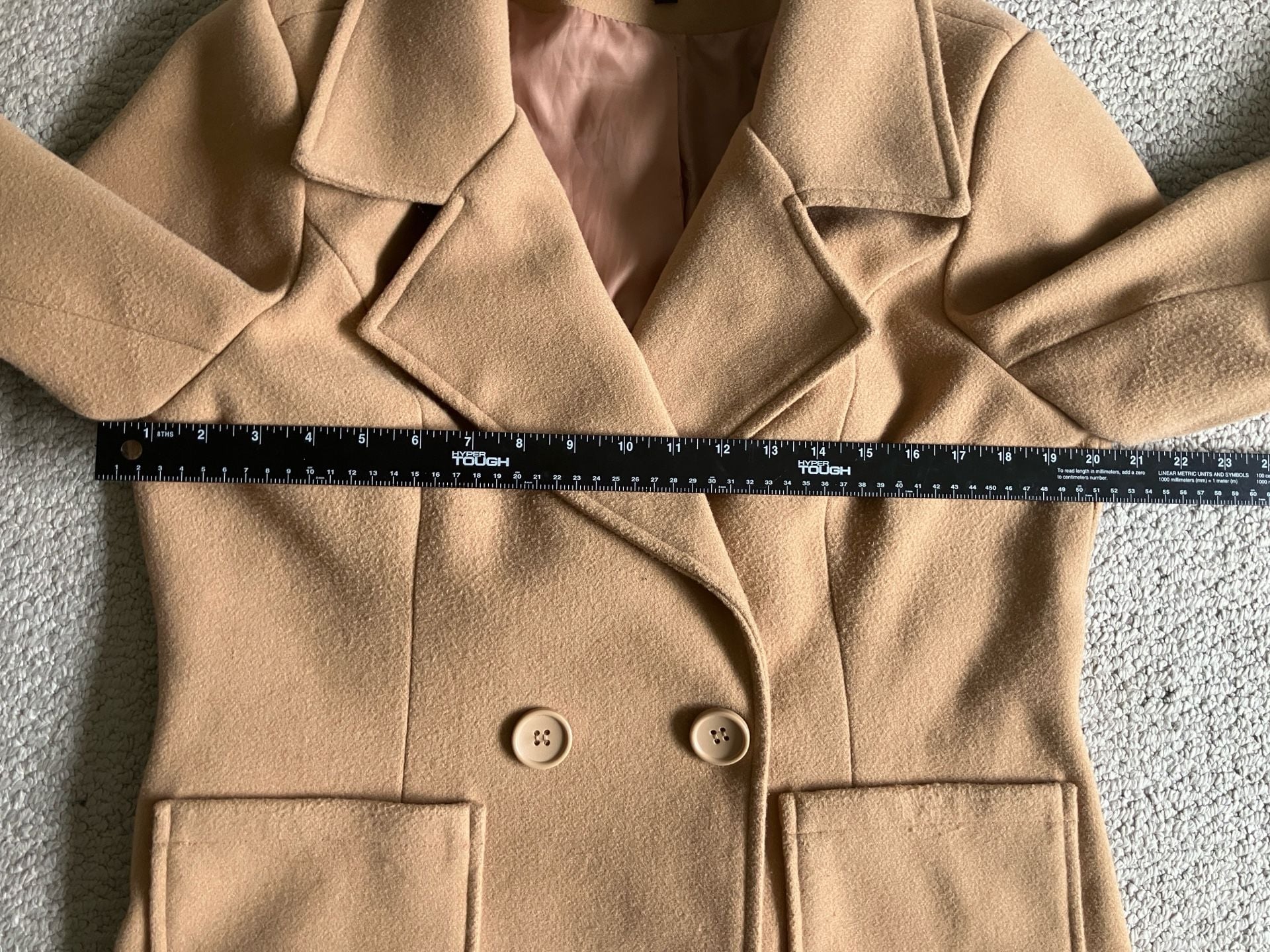 Women's Camel Double Breasted Trench Coat, Pockets, Notched Lapel, Size L 11
