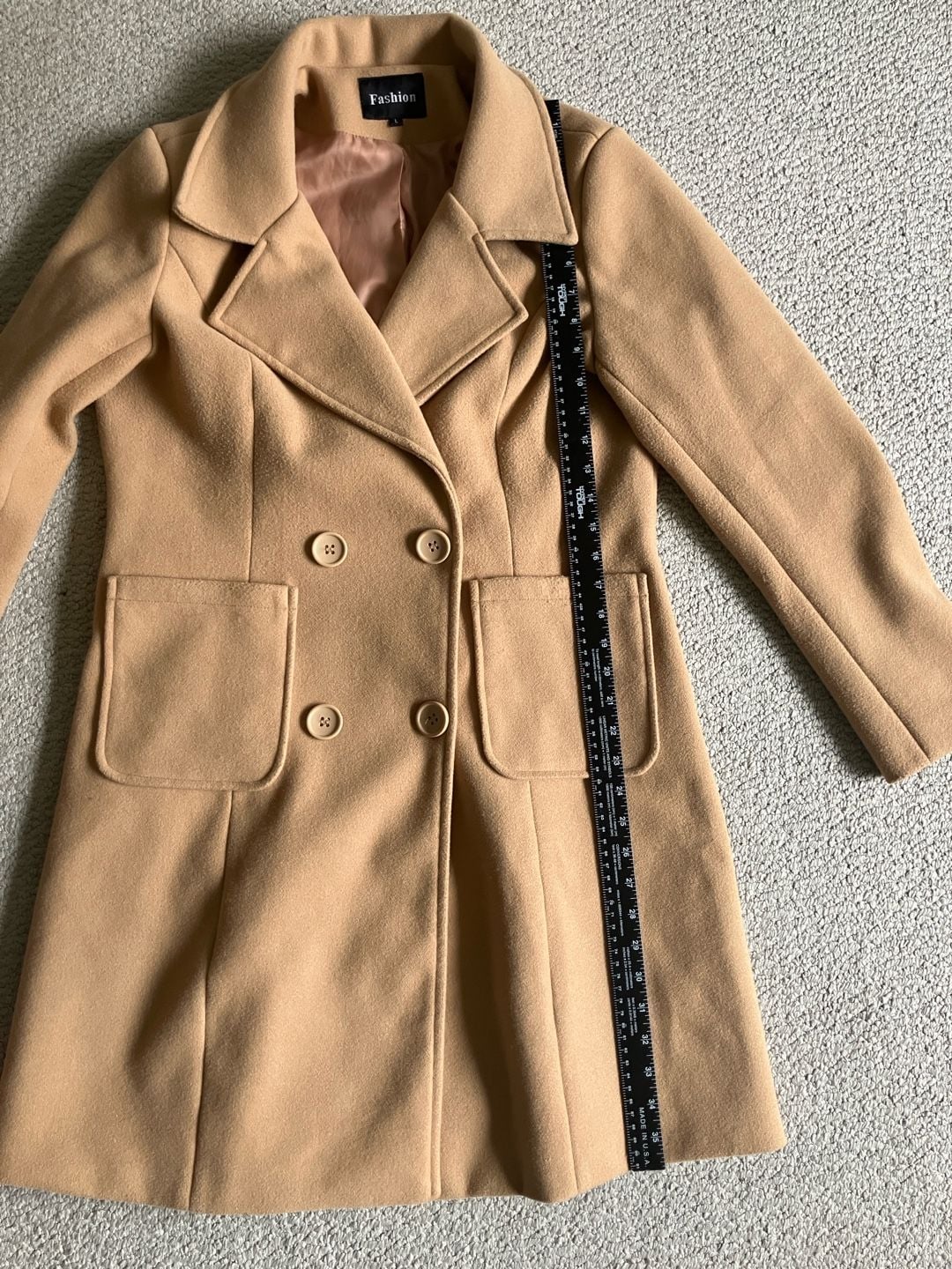 Women's Camel Double Breasted Trench Coat, Pockets, Notched Lapel, Size L 13
