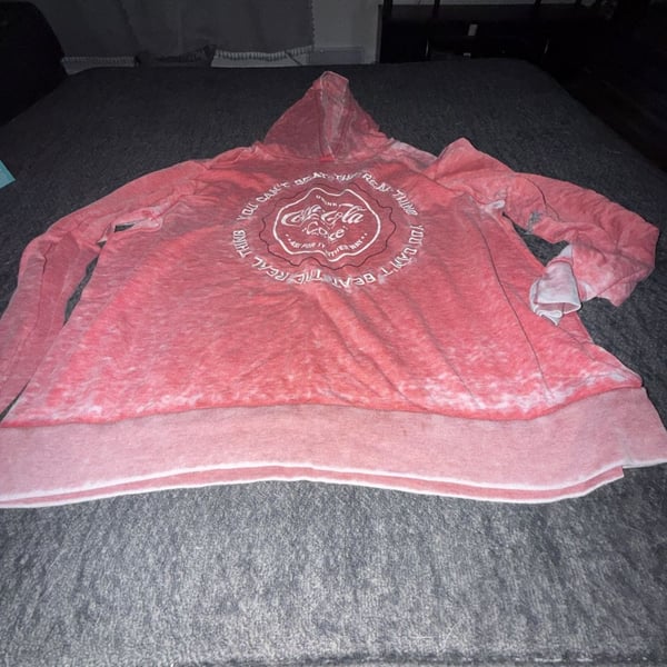 Coca-Cola You Can't Beat the Real Thing Red Mineral Wash Embroidered Graphic Hoodie Sweatshirt