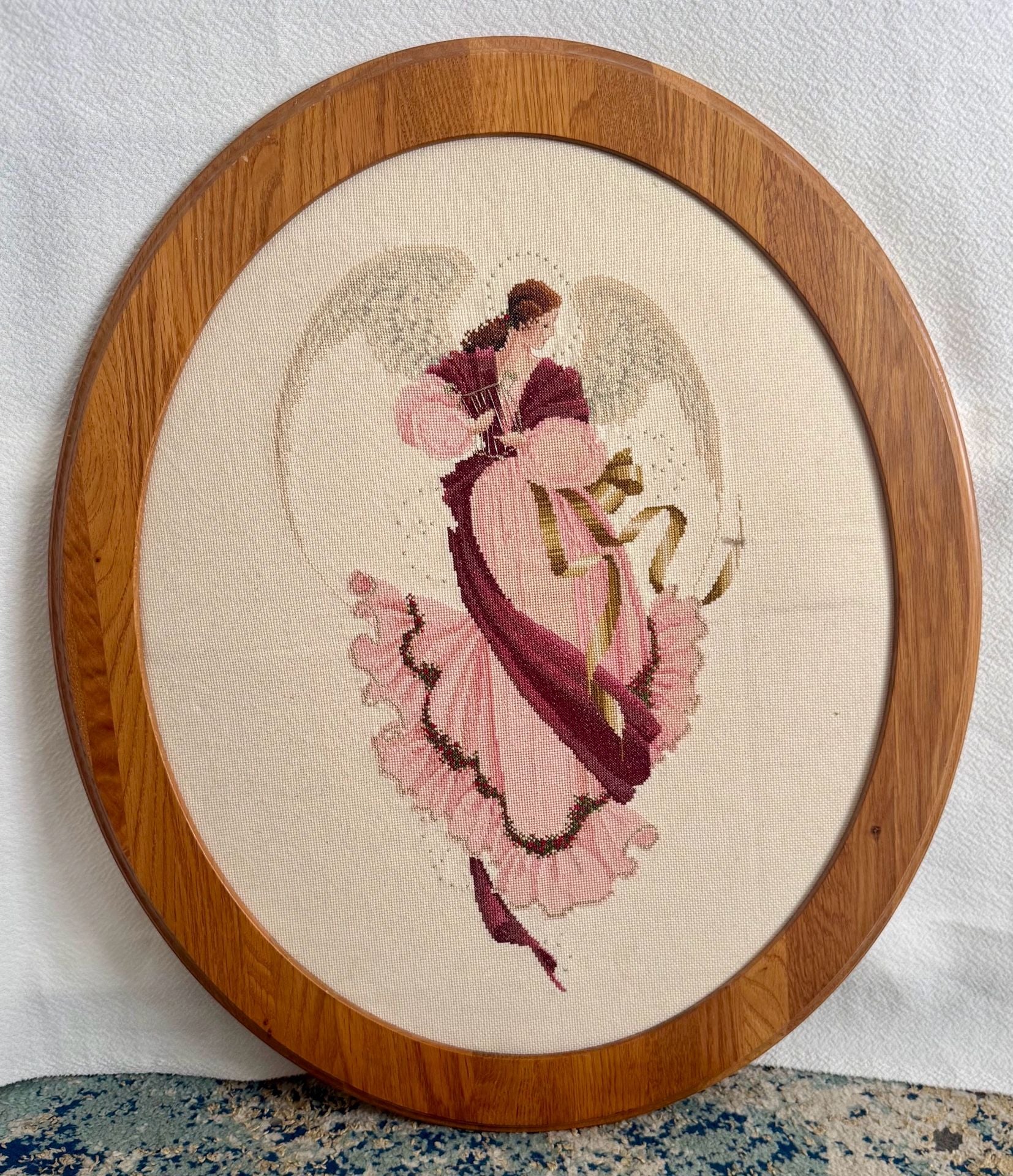 Lavender & Lace Angel of Grace Completed Cross Stitch Framed in Oval Wood Frame 1