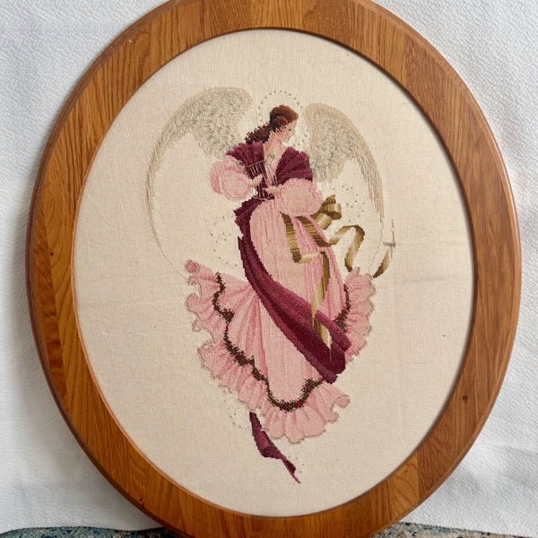 Lavender & Lace Angel of Grace Completed Cross Stitch Framed in Oval Wood Frame