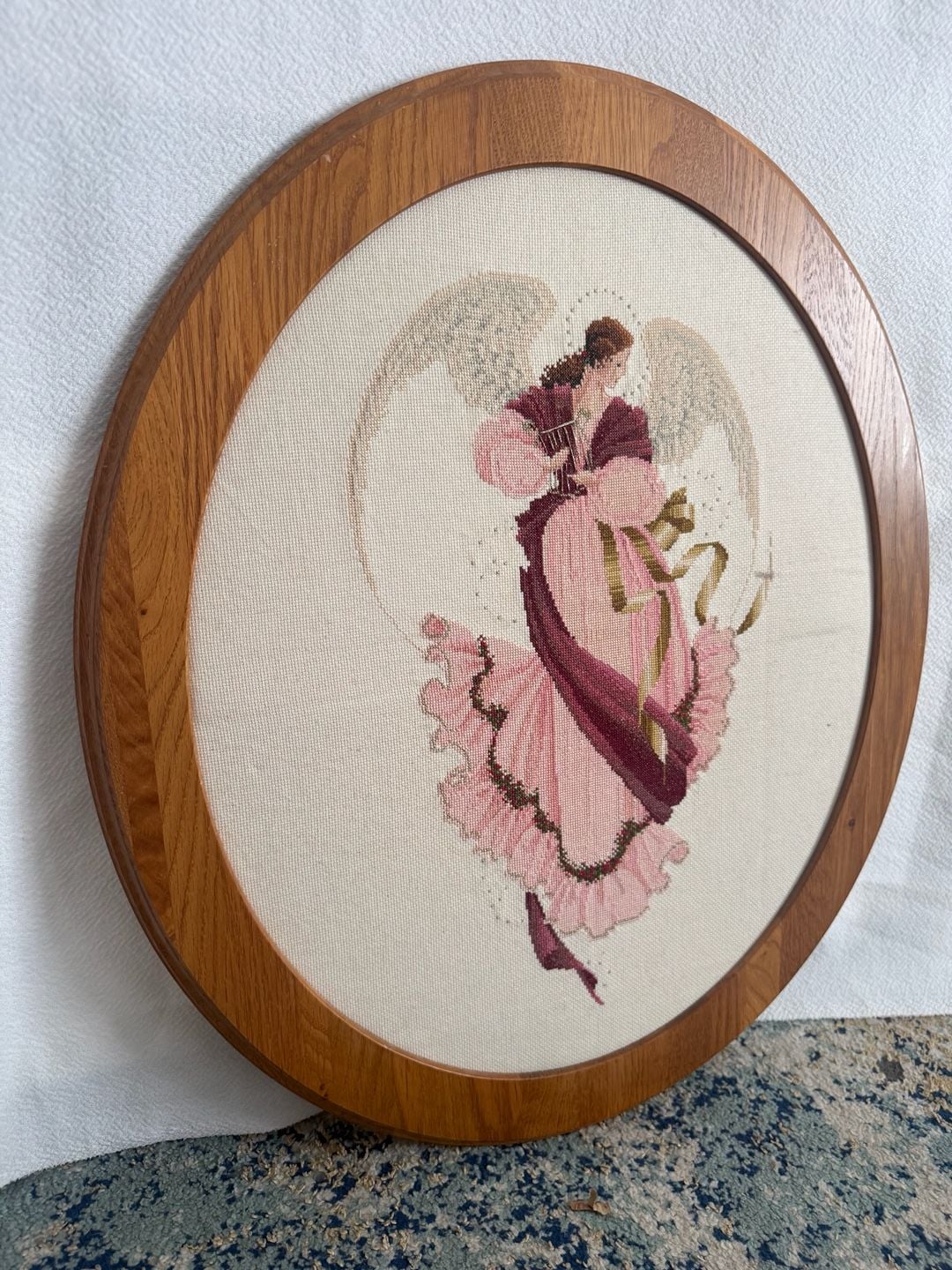 Lavender & Lace Angel of Grace Completed Cross Stitch Framed in Oval Wood Frame 2