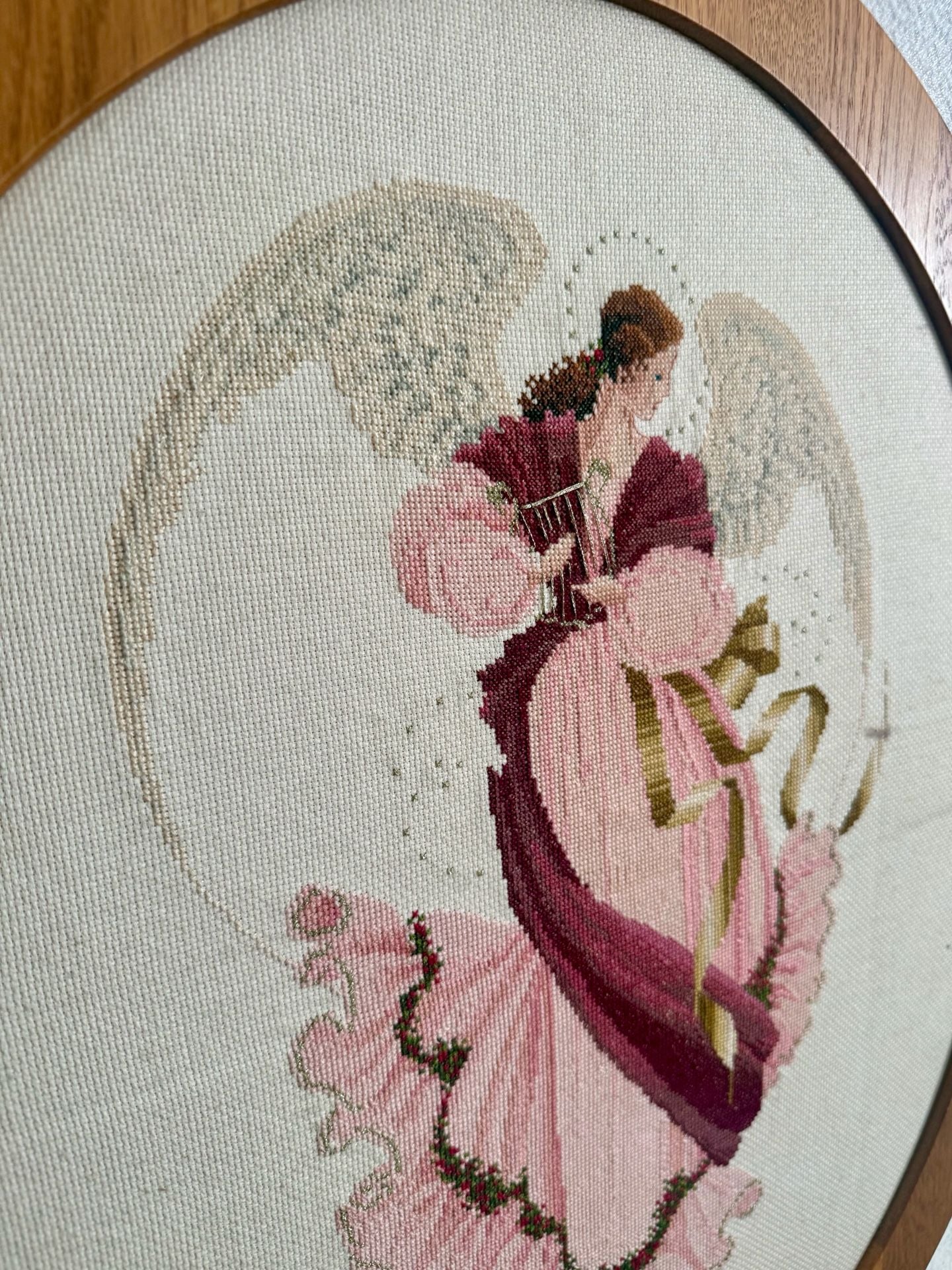 Lavender & Lace Angel of Grace Completed Cross Stitch Framed in Oval Wood Frame 3