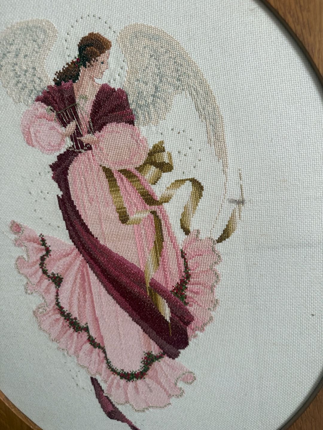 Lavender & Lace Angel of Grace Completed Cross Stitch Framed in Oval Wood Frame 7