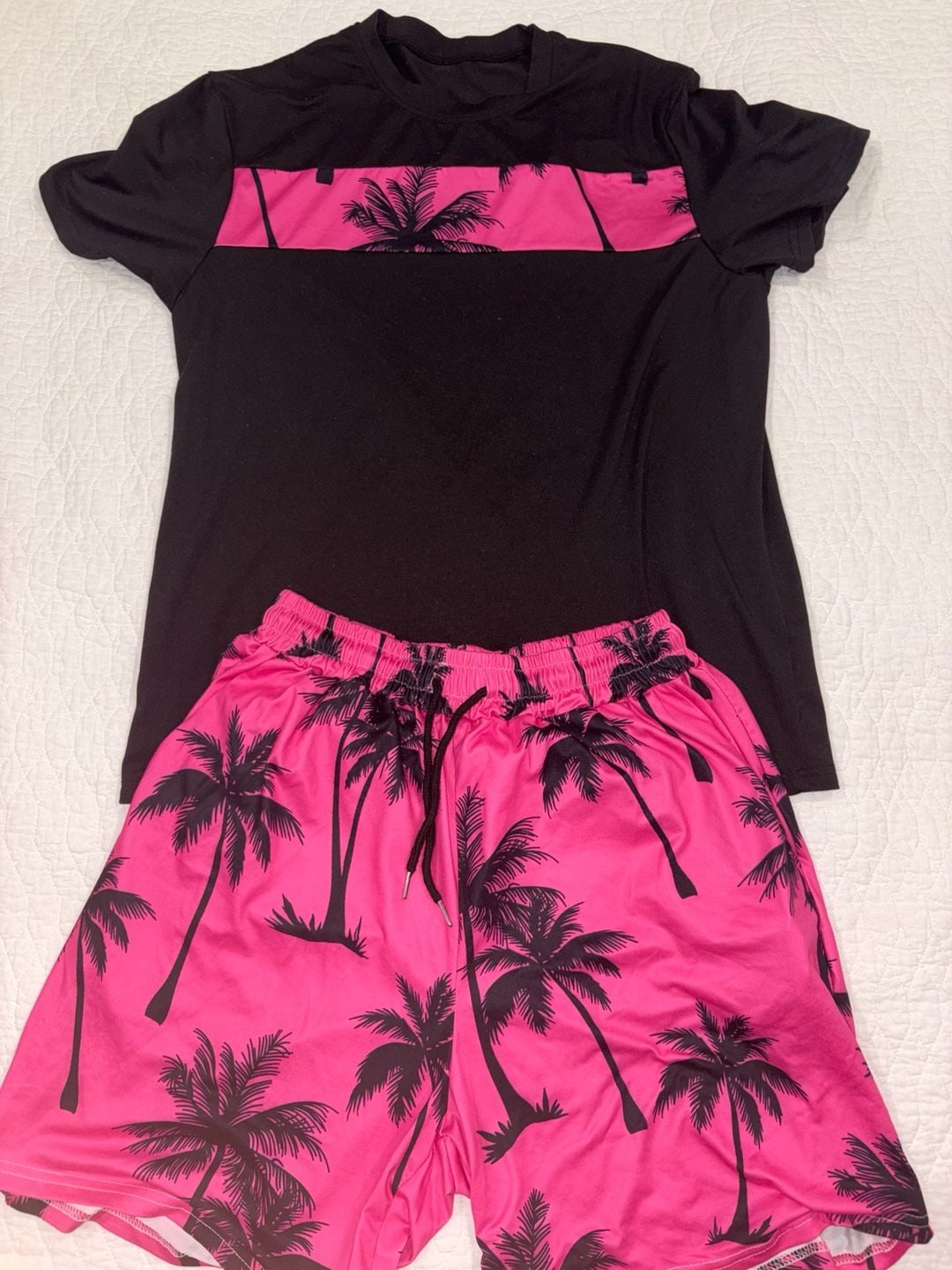 SHEIN Men’s Medium Black Pink Palm Tree Shirt Shorts 2 Piece Matching Set 1