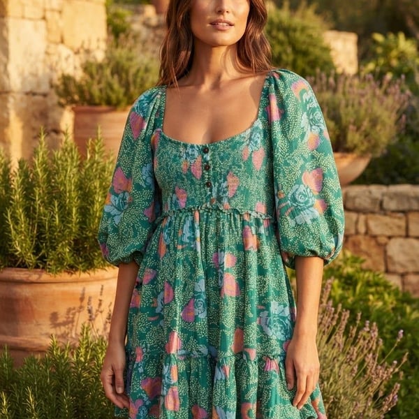 Free People Endless Summer Picnic Emerald Green Floral Smocked Mini Dress
