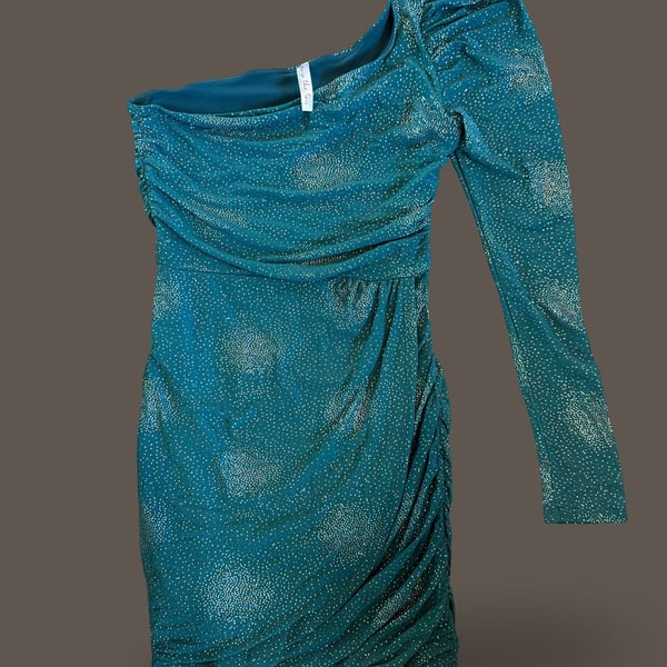 Lucy in the Sky Teal Sparkly One Shoulder Long Sleeve Ruched Mini Dress