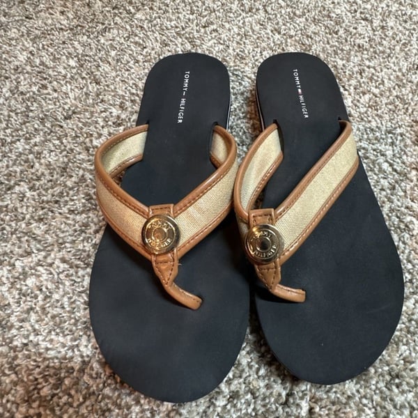 Tommy Hilfiger Web-Strap Flip Flop Sandals Tan and Black with Gold Logo Accent