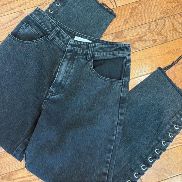 Honey Punch Black Acid Wash Lace-Up Side Straight Leg Jeans Small