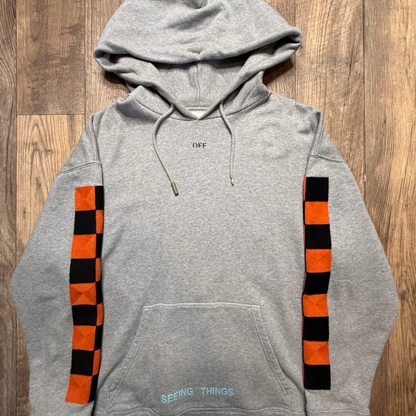 Off-White Seeing Things Checkered Sleeve Hoodie Grey Orange