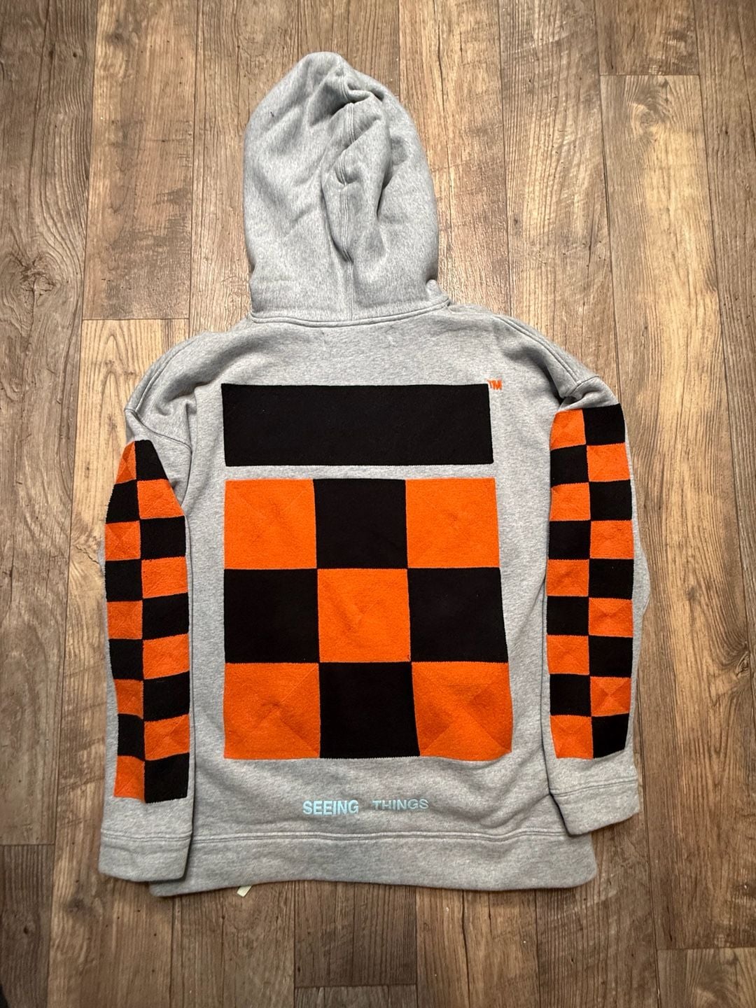 Off-White Seeing Things Checkered Sleeve Hoodie Grey Orange 7