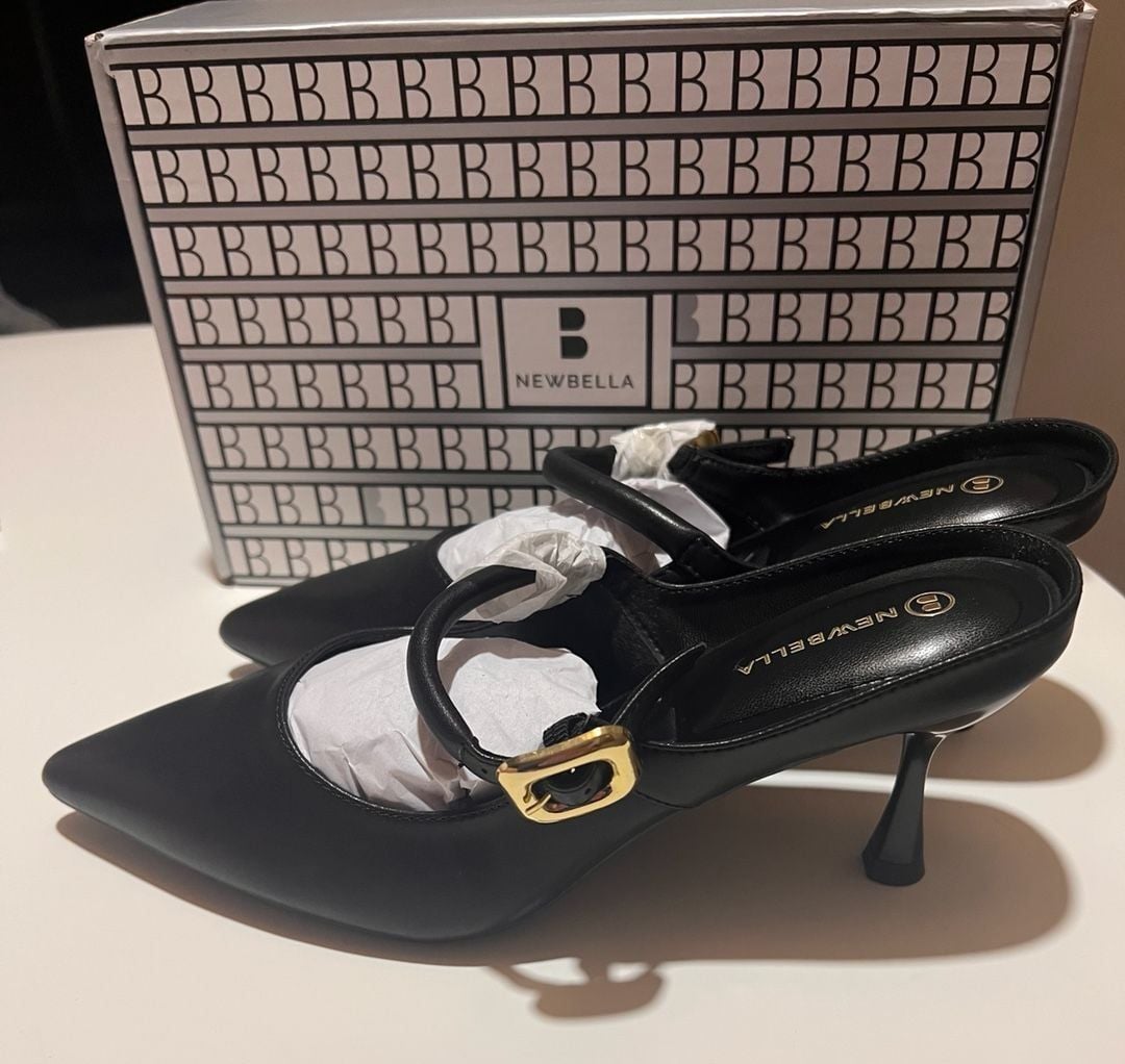 Newbella Black Kitten Heel Slingback Pumps with Buckle Size 8 W Corporate Chic 4