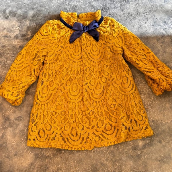 Genuine Kids From OshKosh Mustard Yellow Lace Dress with Blue Velvet Bow 12M