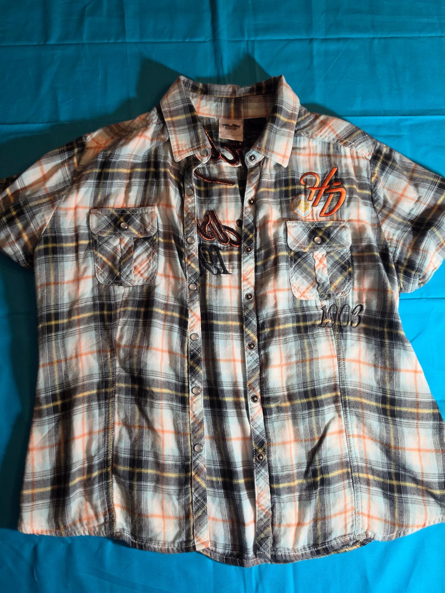 Harley-Davidson Women's Plaid Short Sleeve Pearl Snap Embroidered Shirt XL 2