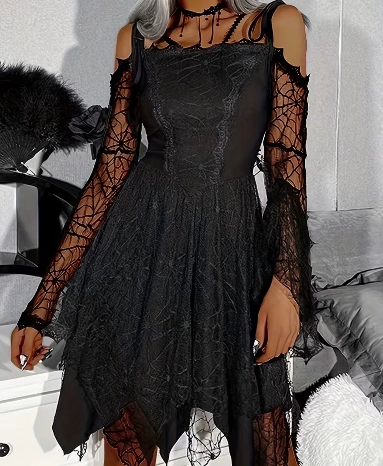 Halloween Spider Web Dress Gothic Clothing Women's Sexy Witchy Costume A-Line Lace Bell Sleeves 1