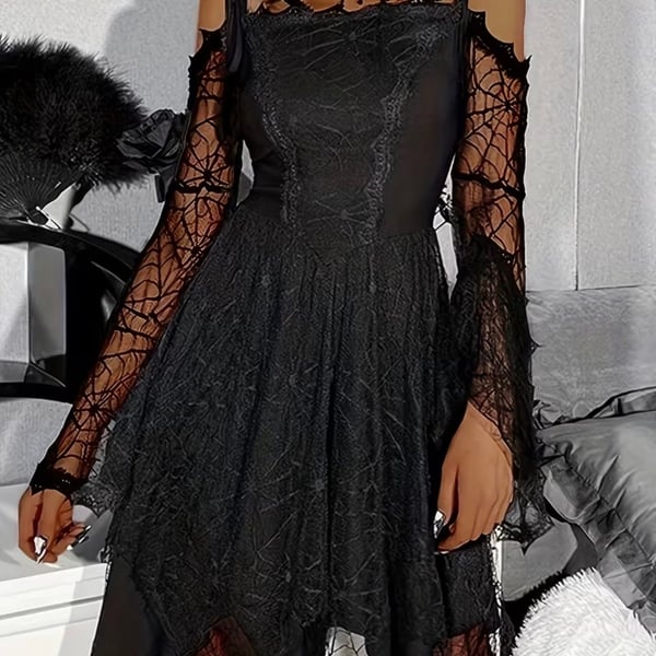 Halloween Spider Web Dress Gothic Clothing Women's Sexy Witchy Costume A-Line Lace Bell Sleeves