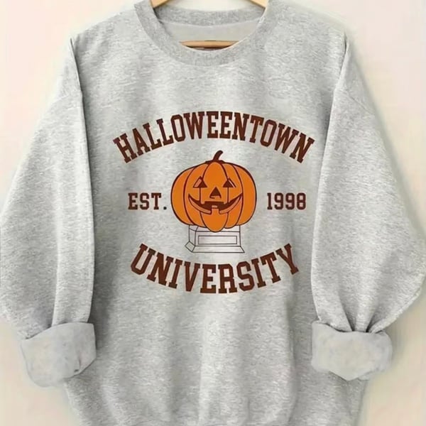 Halloweentown University Est. 1998 Retro Halloween Pumpkin Crewneck Sweatshirt Gray