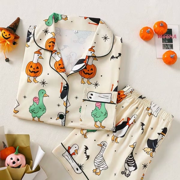 SHEIN Halloween Duck Pumpkin Bat Print Women's Pajama Set Short Sleeve Top and Shorts