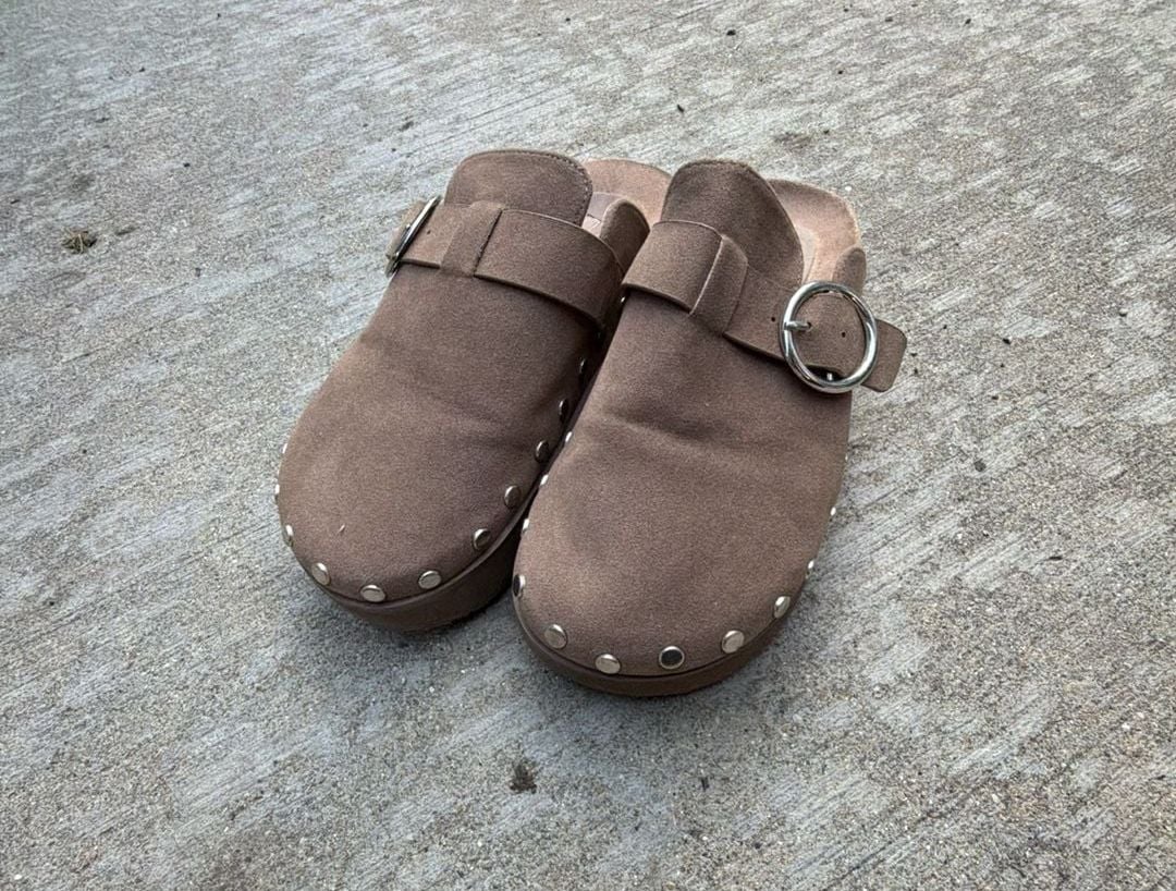 JustFab Odetta Brown Suede Studded Mule Slide Clogs with Buckle 2