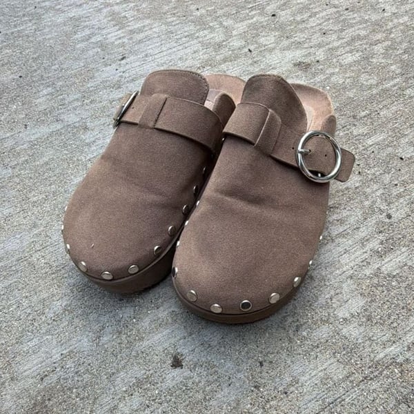 JustFab Odetta Brown Suede Studded Mule Slide Clogs with Buckle