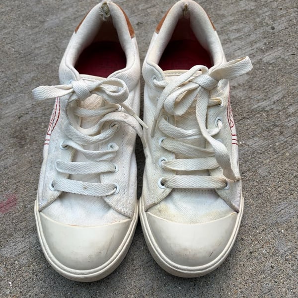 Tory Burch White Canvas T-Logo Low Top Sneakers with Brown Leather Heel Tab