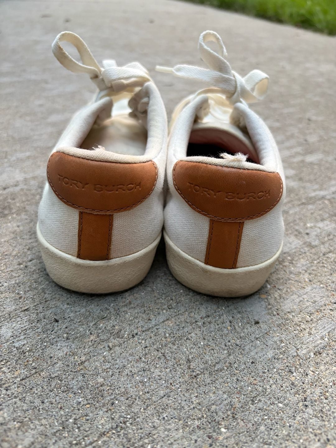 Tory Burch White Canvas T-Logo Low Top Sneakers with Brown Leather Heel Tab 7