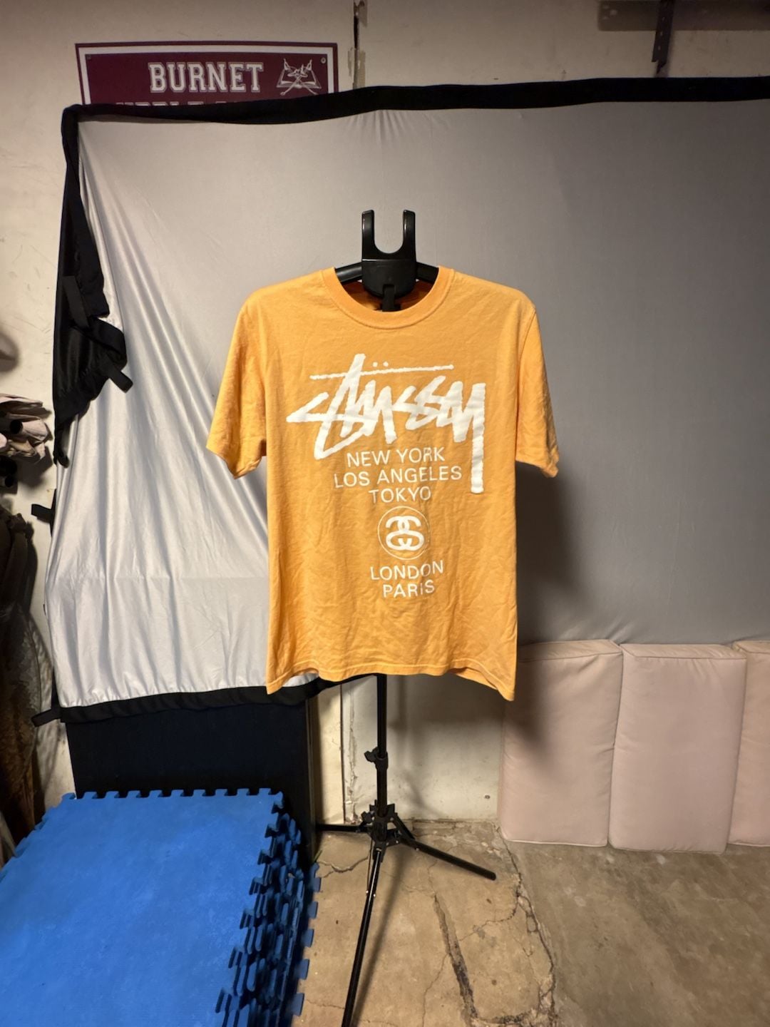 Stussy World Tour Graphic Short Sleeve T-Shirt Yellow Mustard Size M 2