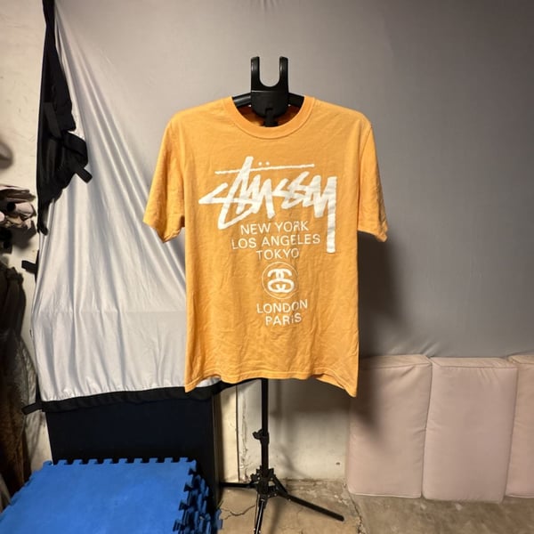 Stussy World Tour Graphic Short Sleeve T-Shirt Yellow Mustard Size M
