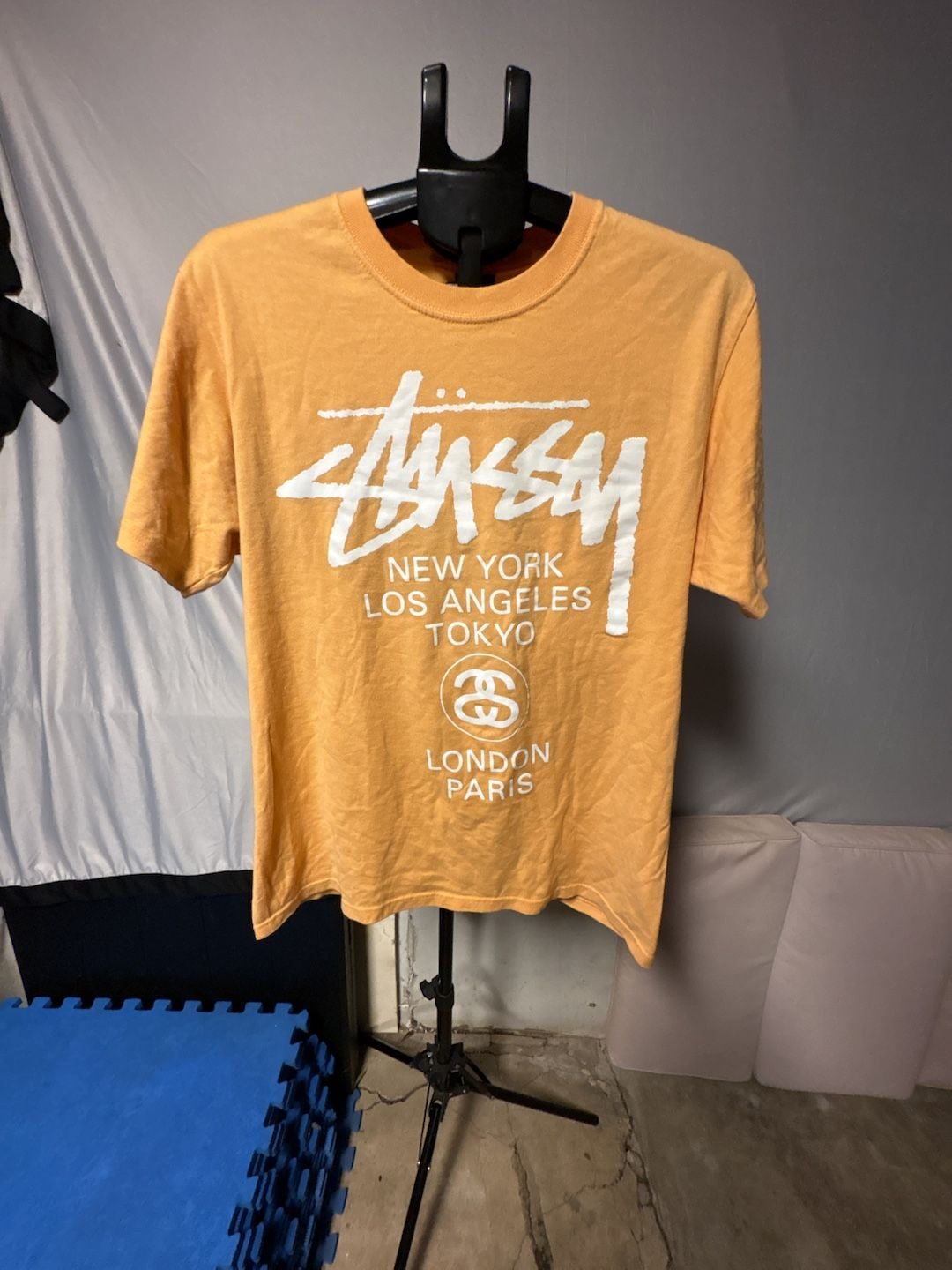 Stussy World Tour Graphic Short Sleeve T-Shirt Yellow Mustard Size M 3