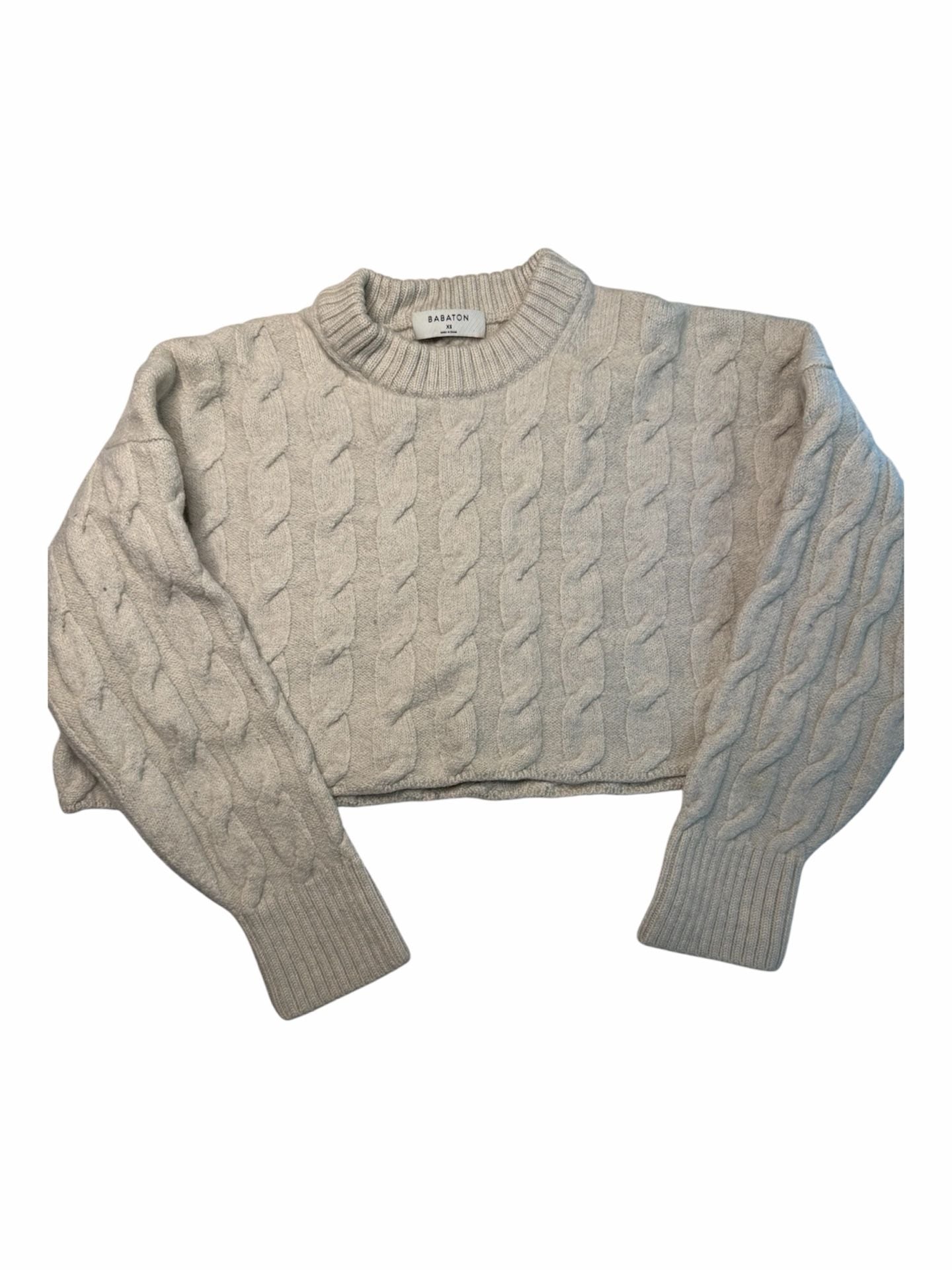Babaton Merino Wool Cable Knit Cropped Crew Sweater Cream Size XS 2