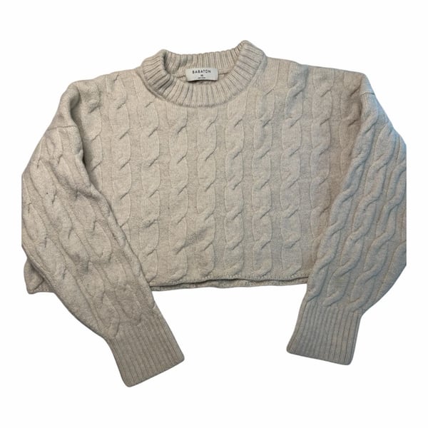Babaton Merino Wool Cable Knit Cropped Crew Sweater Cream Size XS