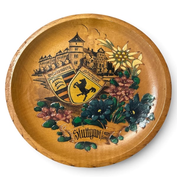 Vintage Hand Painted German Wooden Souvenir Wall Plate Stuttgart Castle