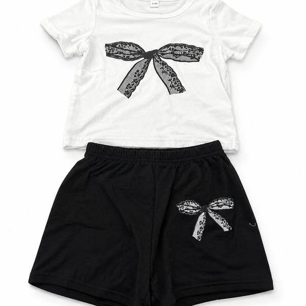 Potpat Kids Bow Graphic Tee and Shorts Set