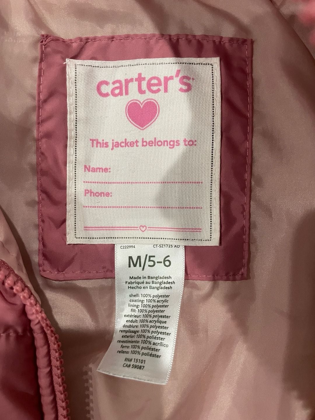 Carter's Girls Puffer Jacket, Size M/5-6, Pink 5