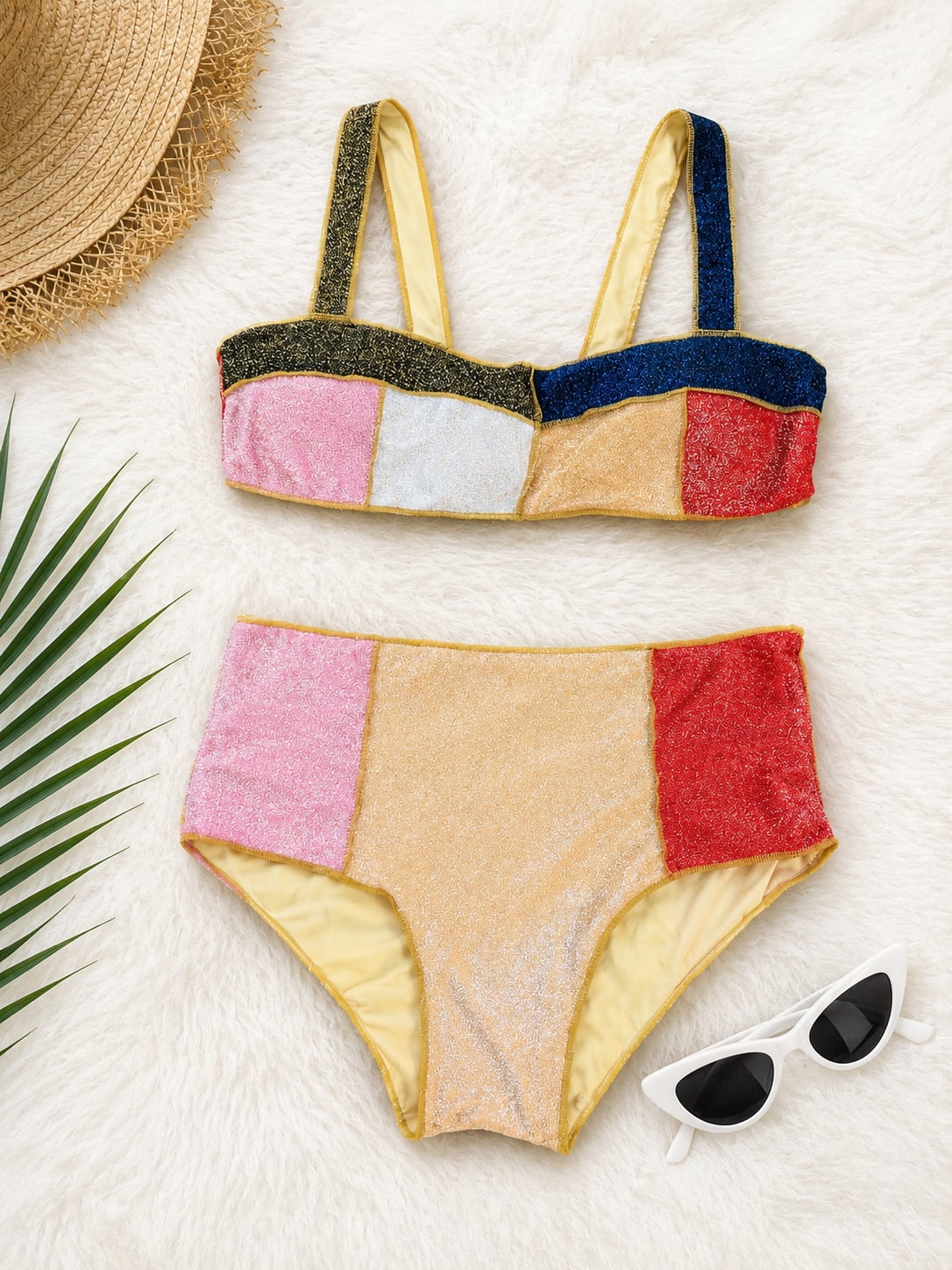 Multicolor Metallic Shimmer Color-Block High-Waist Bikini Set 1