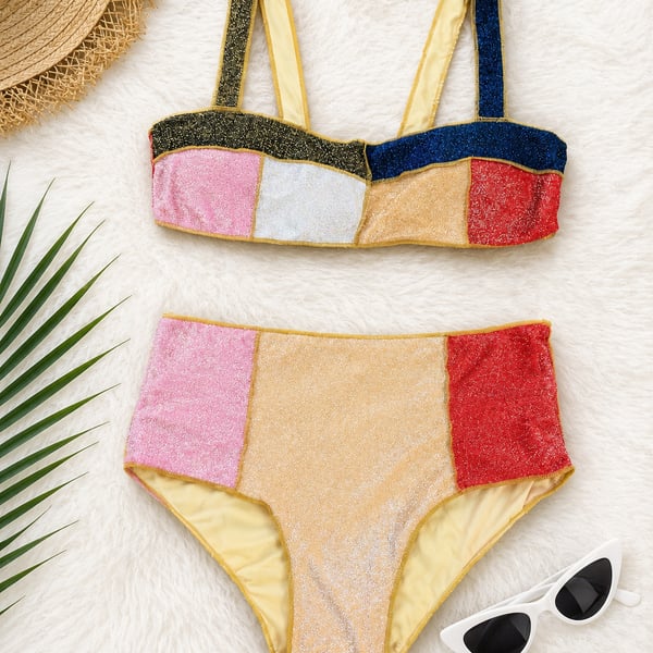 Multicolor Metallic Shimmer Color-Block High-Waist Bikini Set